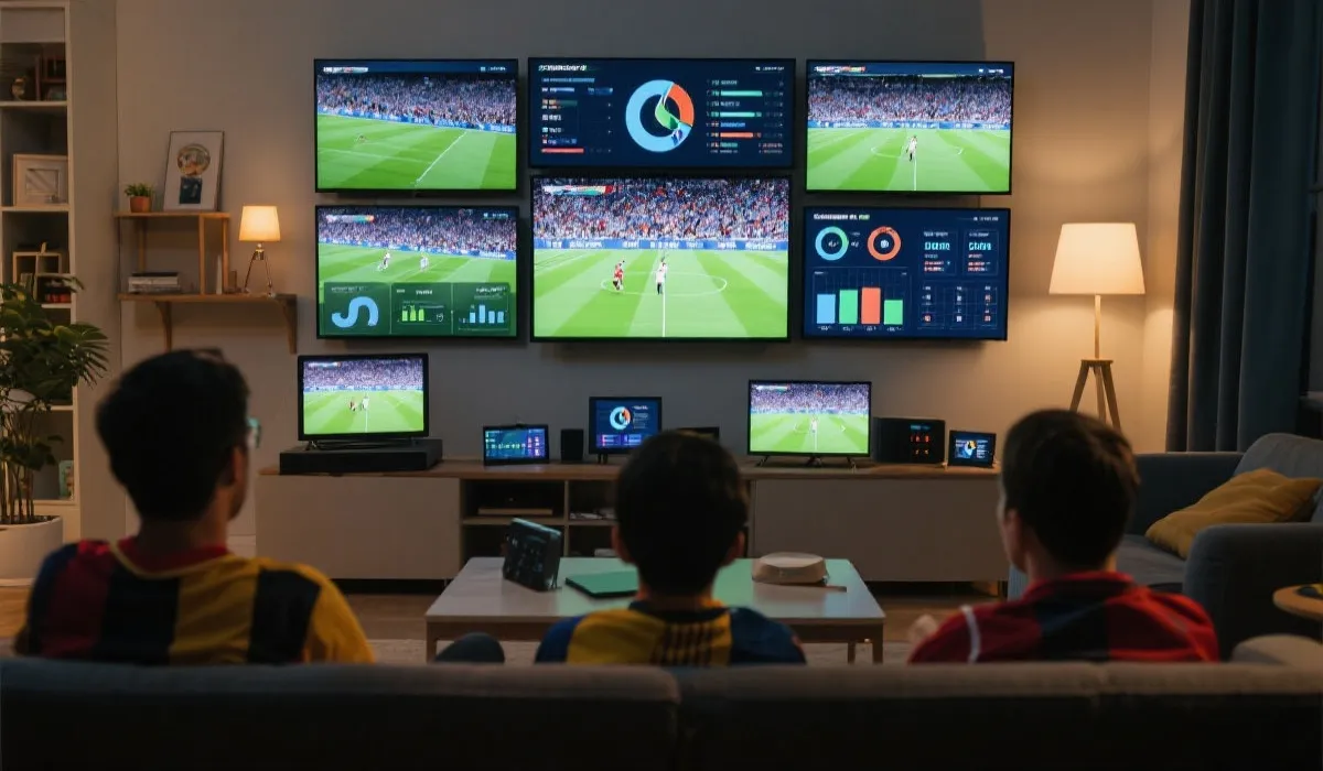 球迷通过多屏设备和数据可视化界面沉浸式观看世界杯比赛的场景
