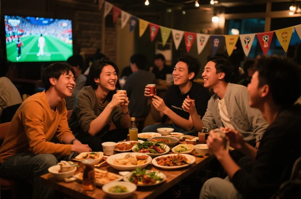 温暖的线下世界杯观赛局,朋友们围坐分享美食,氛围轻松热烈